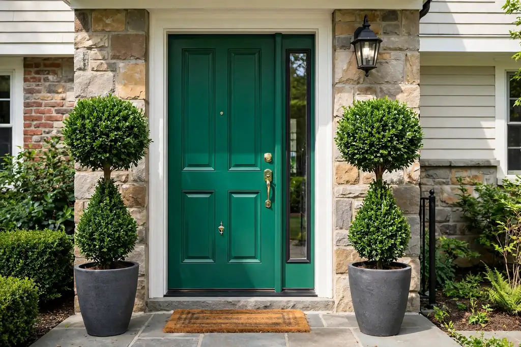 Emerald green front door with a pair of clipped topiary trees in matching pots.