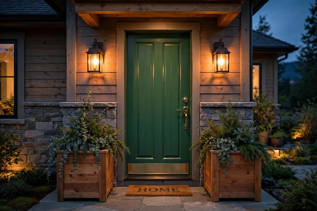 Forest green front door with warm wood planters and glowing porch lanterns.