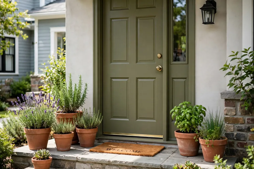 Olive green front door with terracotta pots of herbs and lavender.