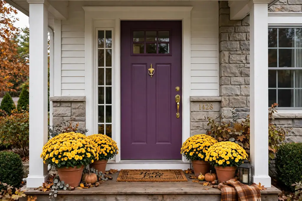 Plum front door with gold hardware and autumn pots of gold mums.