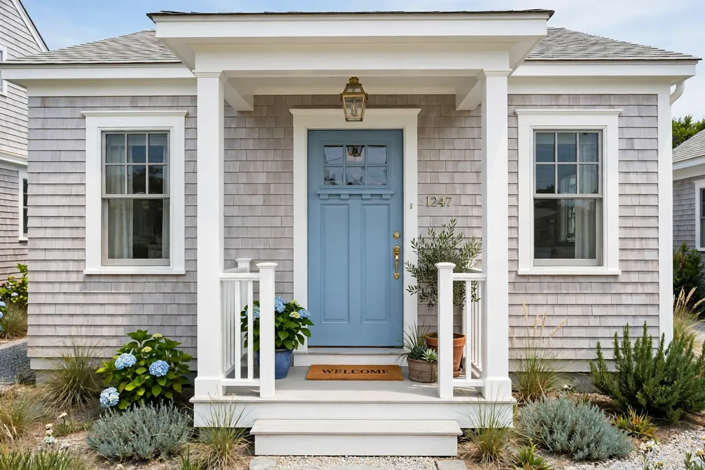 Powder blue front door with white trim on a coastal style house.