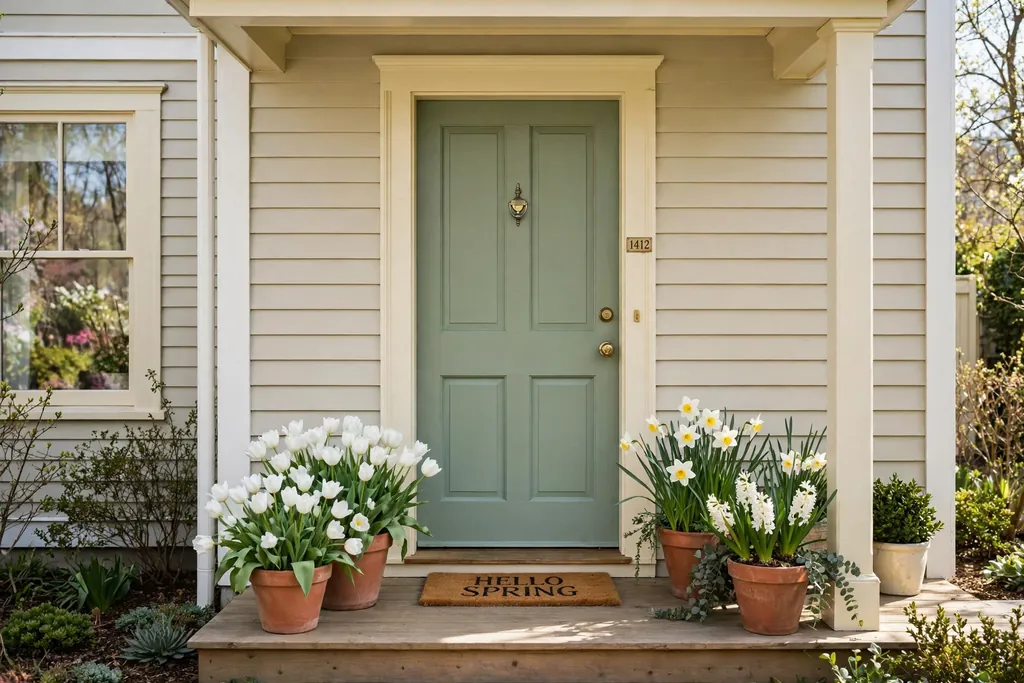 Sage green front door with cream trim and spring pots of white flowers.
