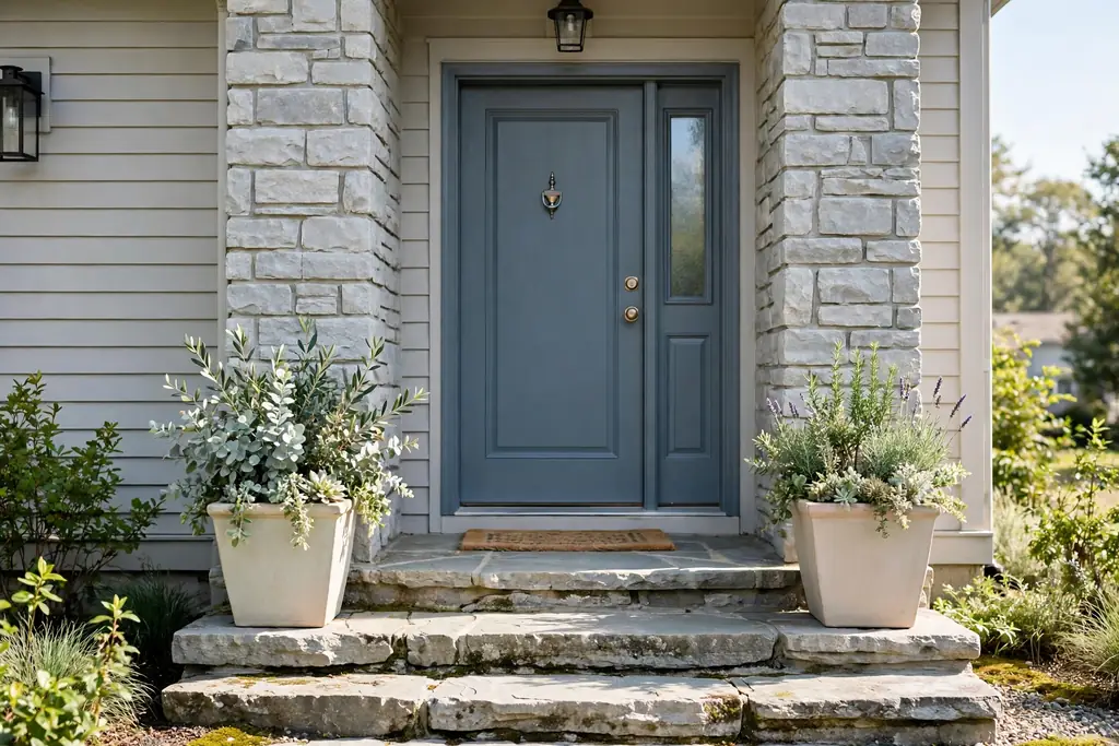 Slate blue gray front door with stone steps and pale planters.