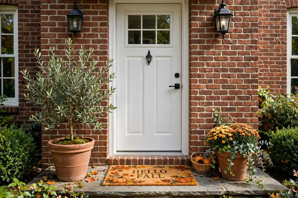 Soft white front door with a seasonal mat and terracotta pots at the entry.