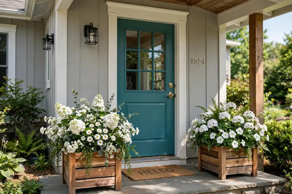 Teal front door with natural wood planters and white summer flowers.