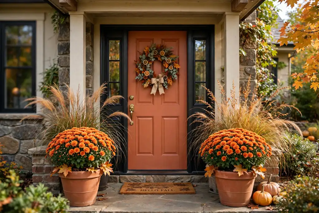 Warm terracotta front door with autumn planters of mums and ornamental grasses.