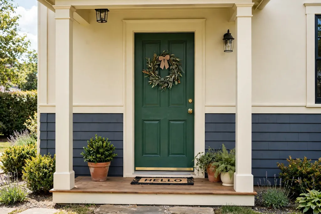 Two tone entry with a deep green front door and cream painted frame and trim.