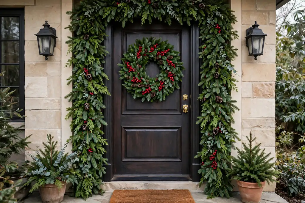 Front door framed with full evergreen garland and a matching wreath with red berries.
