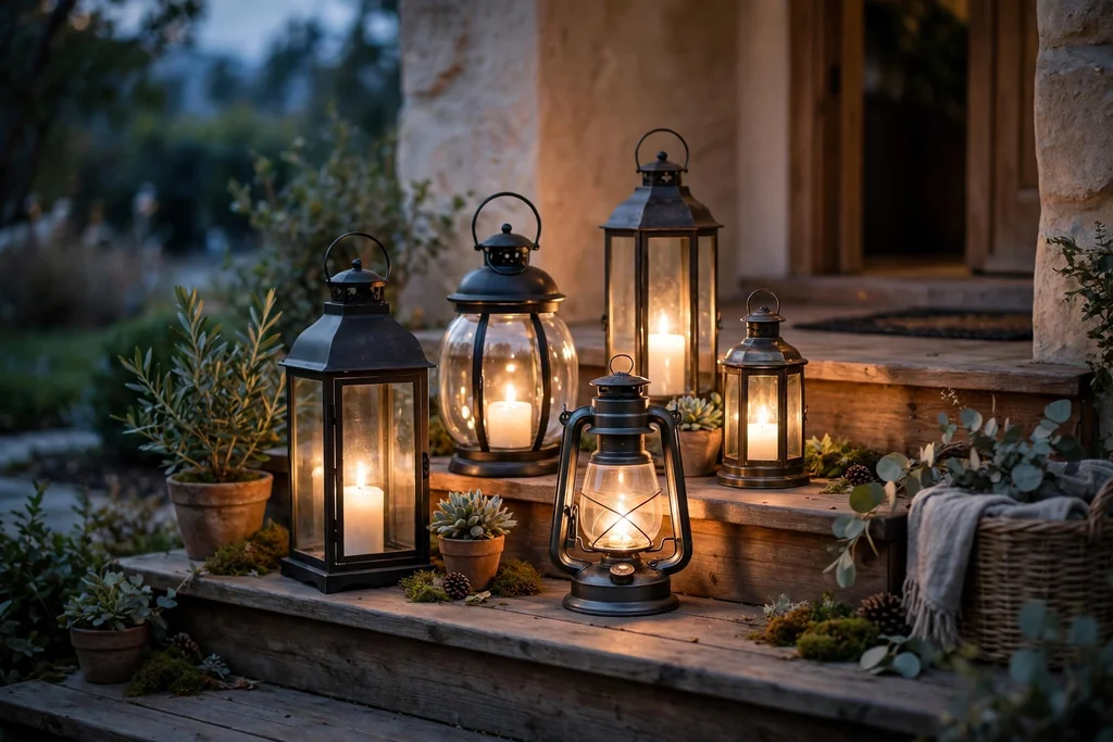 Cluster of lanterns of different heights glowing on porch steps at dusk.