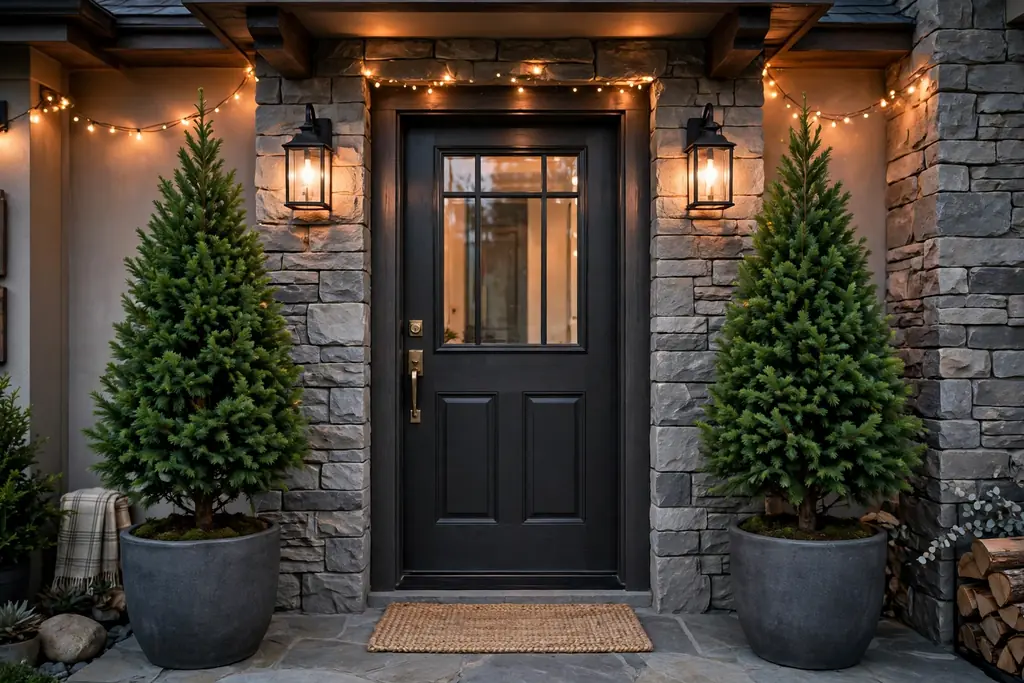 Matched potted evergreen trees flanking a front door with warm lights.