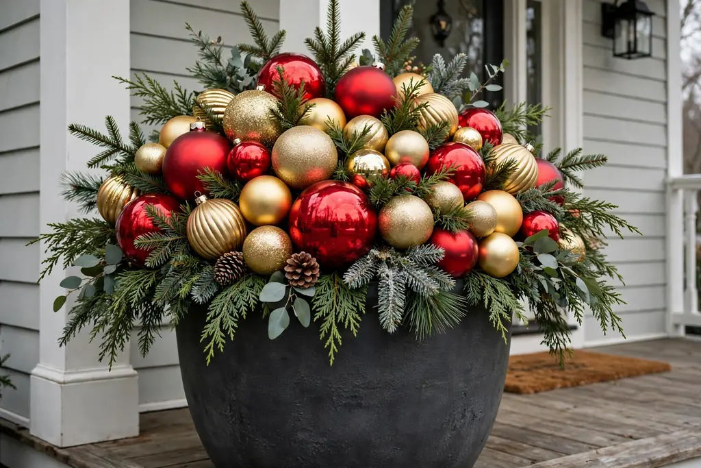 Large porch planter filled with oversized red and gold ornaments and evergreen sprigs.