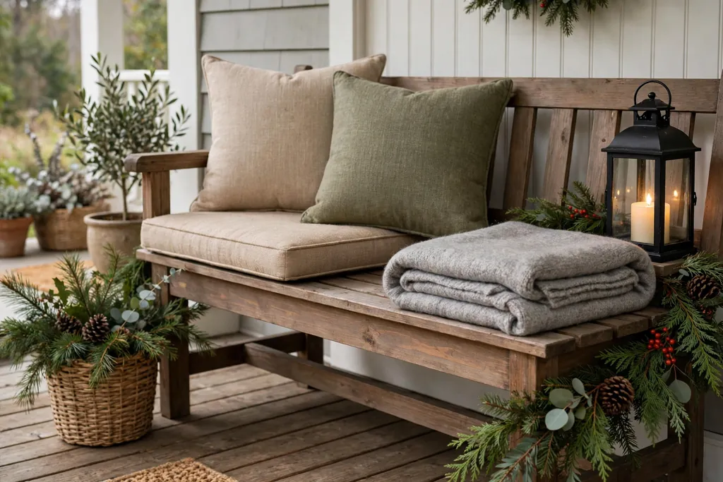 Porch bench with outdoor cushions, a folded wool throw, and a lantern at one end.