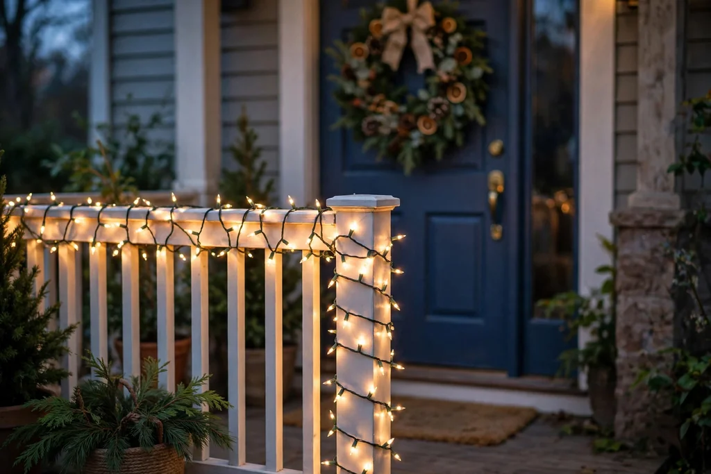 Porch railing wrapped in warm white string lights at dusk.