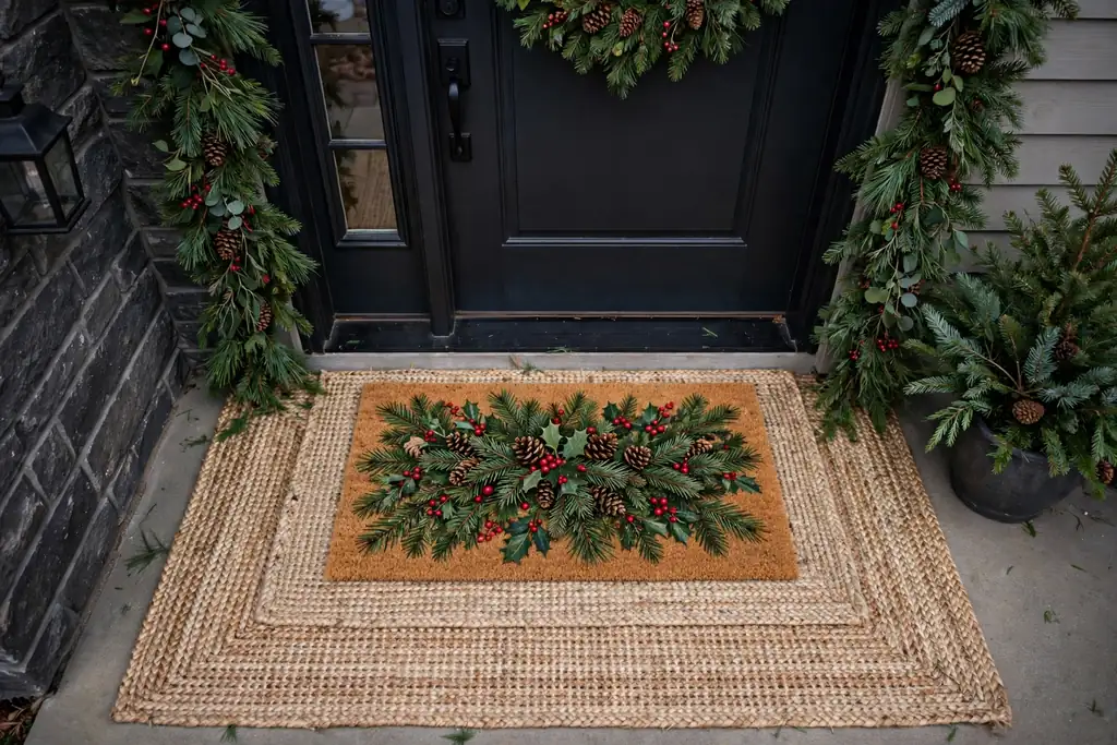 Christmas doormat layered over a larger plain outdoor rug at a front door.