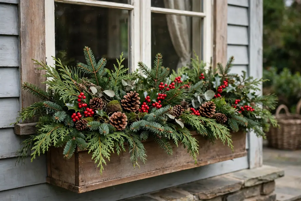 Porch window box filled with evergreen sprigs, red berries, and pinecones.