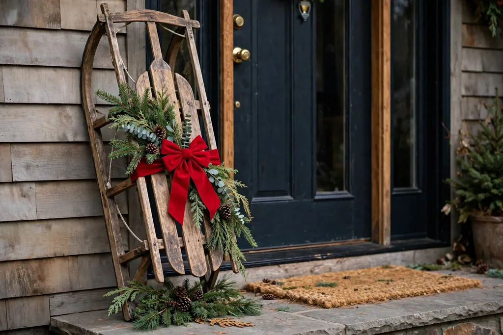 Rustic wooden sled leaning by a front door with evergreen and a bow.