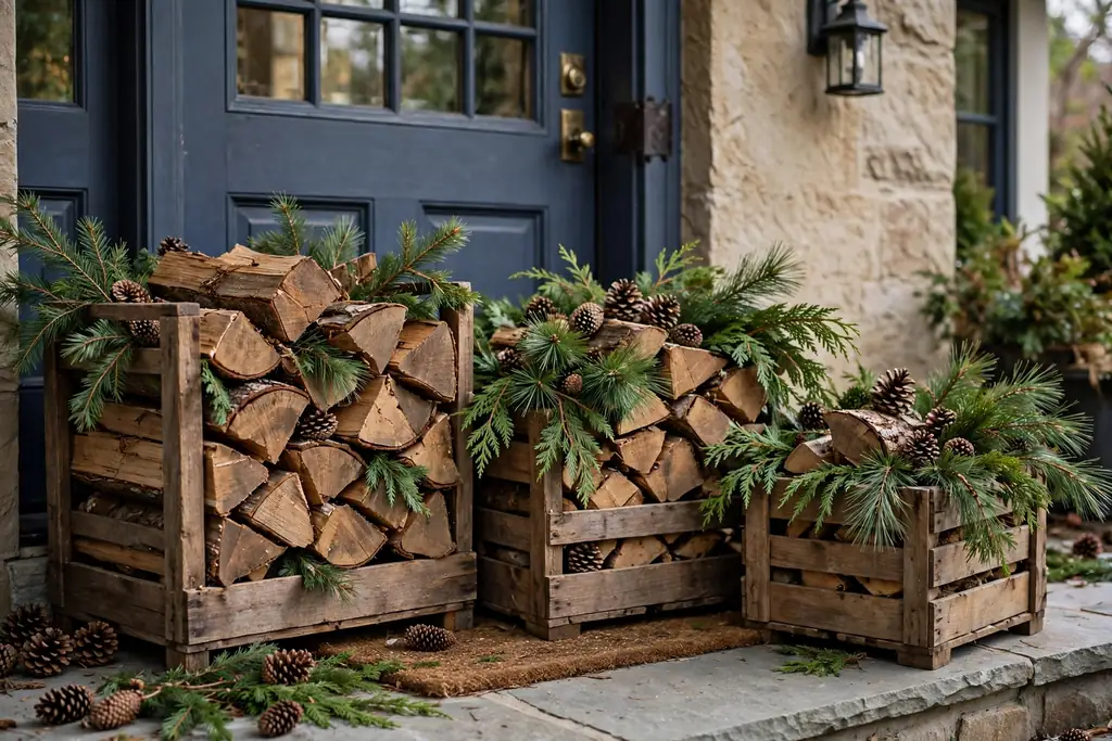 Wooden crates by a front door filled with firewood, evergreen sprigs, and pinecones.