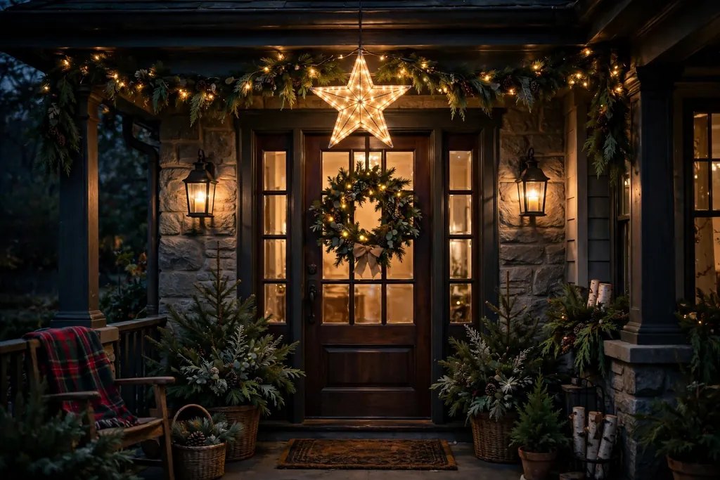 Lit star hanging above a front door entry at night.
