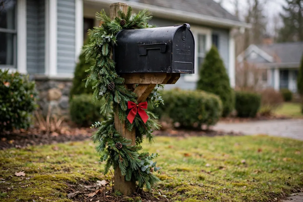 Mailbox post wrapped in evergreen garland with a small red bow.