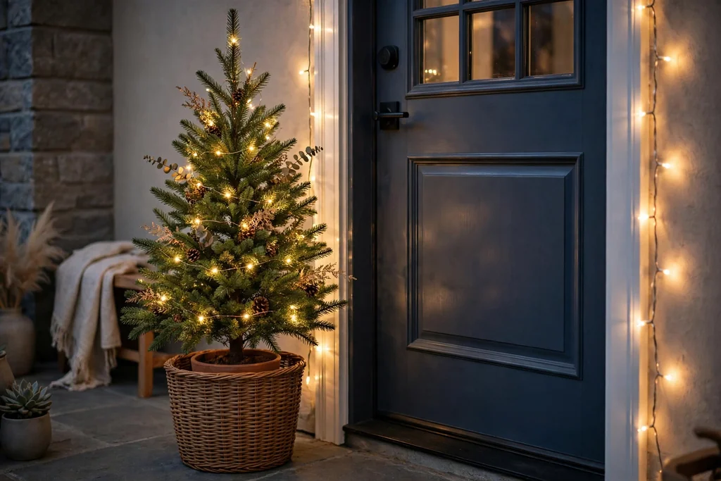 Small potted Christmas tree in a woven basket beside a front door with warm lights.