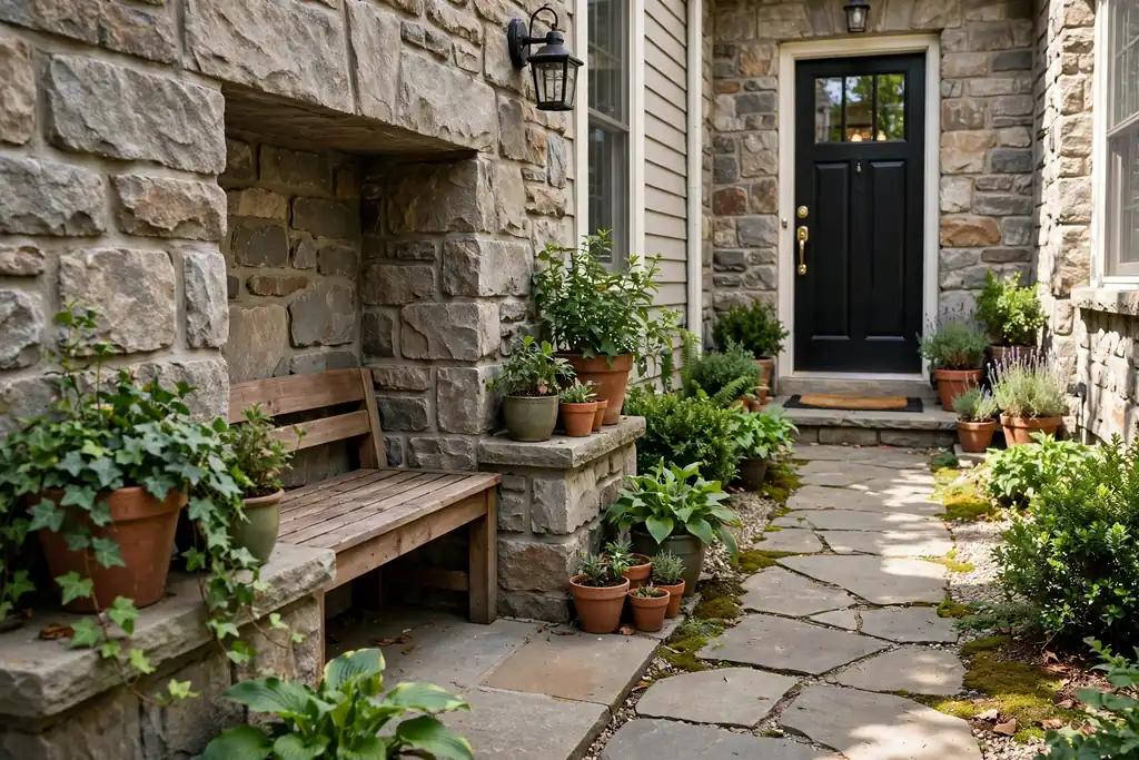 Narrow front walkway with a small bench nook beside the path near a house front door, with potted plants.
