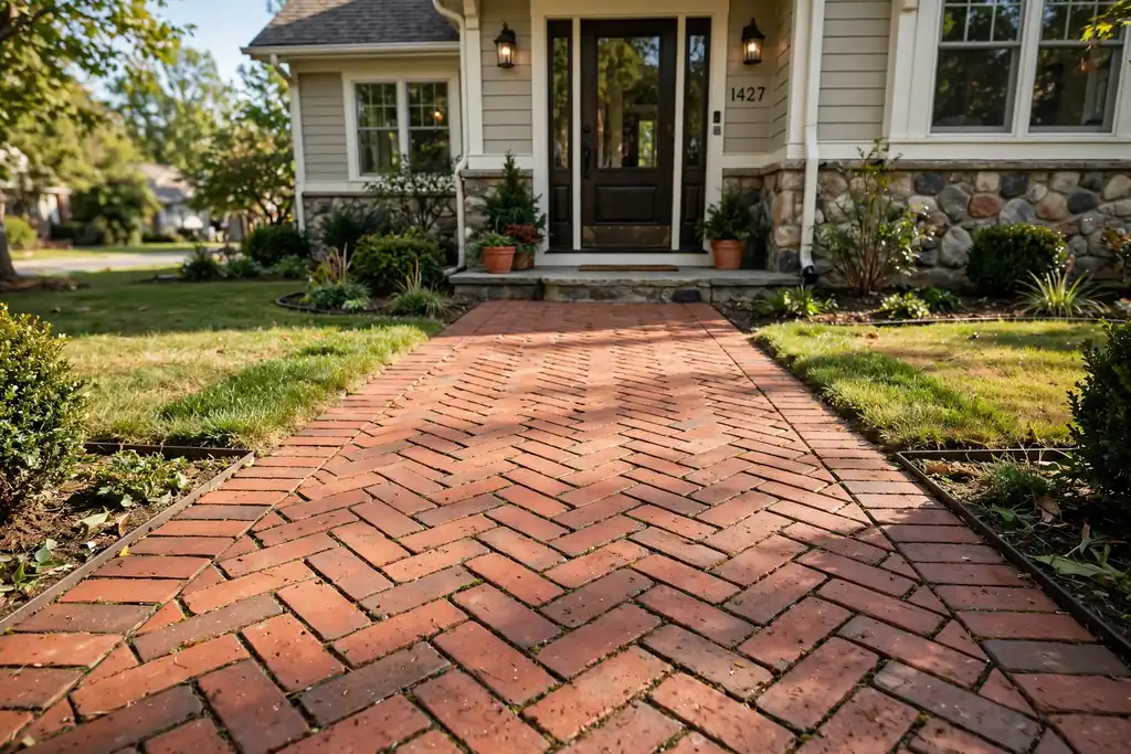 Brick herringbone pattern front walkway in warm red brick leading to a house front door.