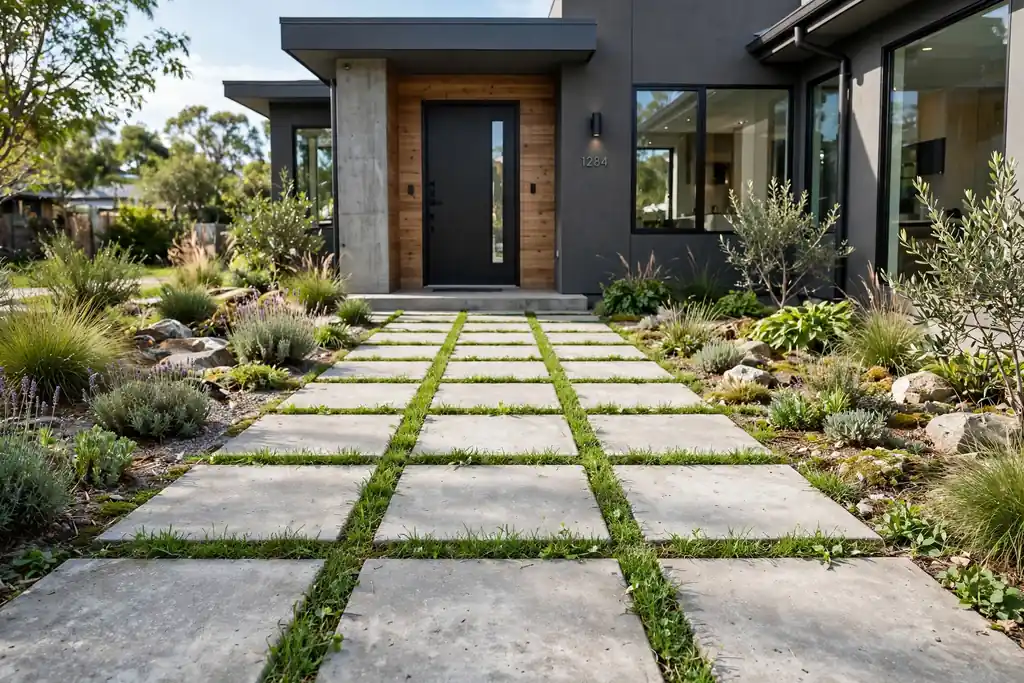 Concrete paver front walkway with strips of green grass growing between large square pavers.