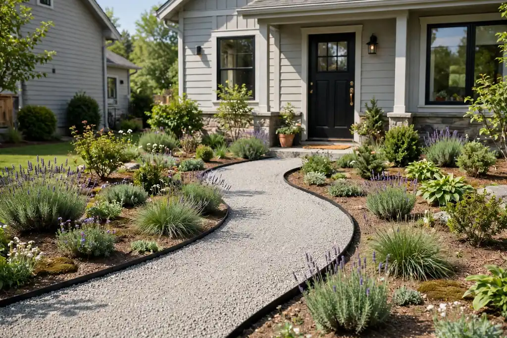 Gentle curved gravel front walkway with dark metal edging winding through a small front garden to a house front door.