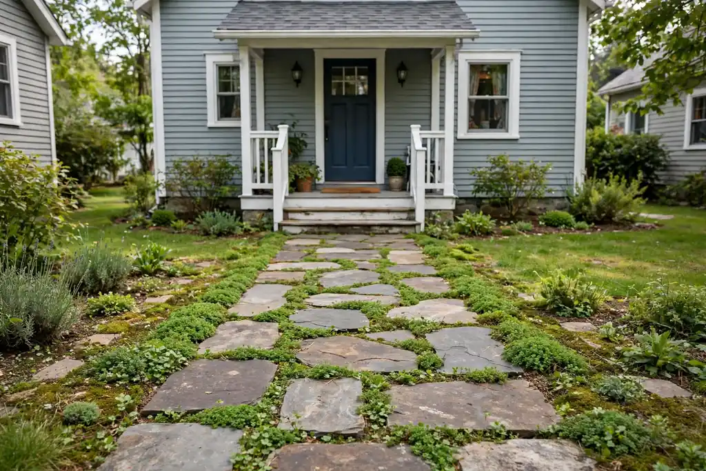 Straight narrow flagstone front walkway with low green ground cover plants growing between the stone joints.