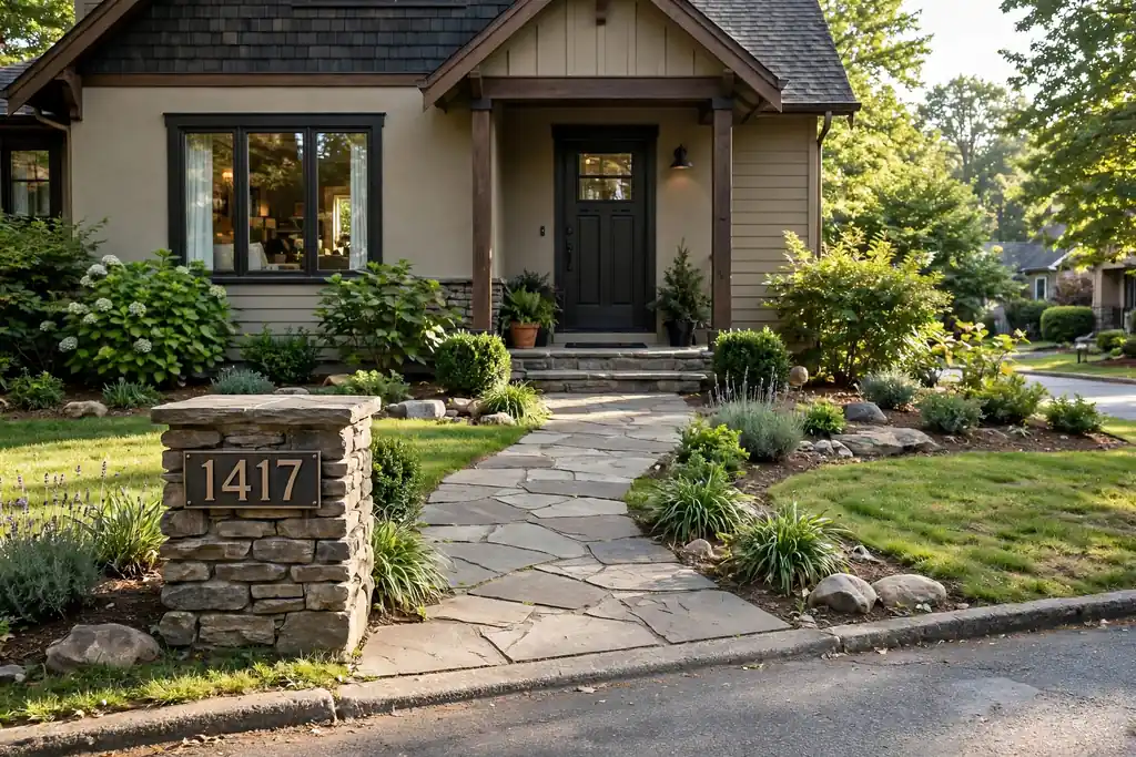 Front walkway with a low stone pillar and house number sign beside the path near the street, leading to a house front door.