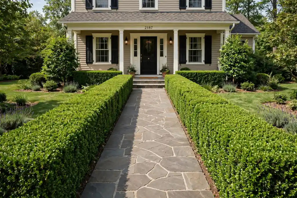 Formal straight front walkway lined with low clipped green hedges on both sides leading to a house front door.