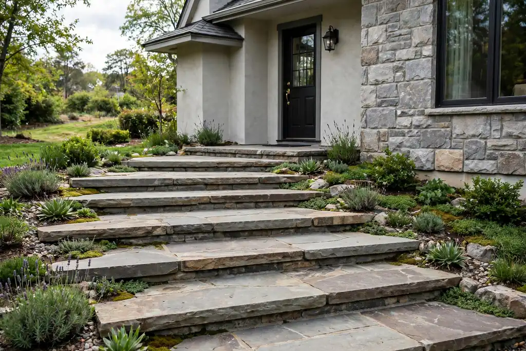 Low wide stone steps forming a front walkway up a gentle slope to a house front door, with low plants beside the steps.