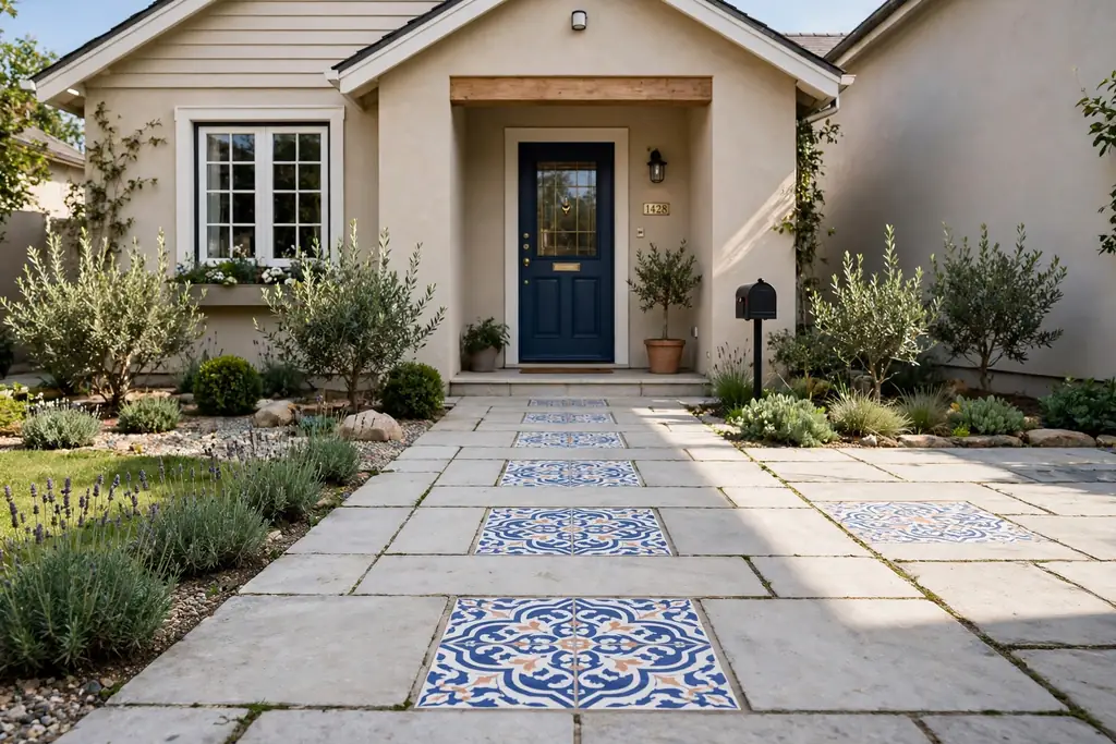 Front walkway with patterned decorative tile insets set into plain stone paving, leading to a house front door.