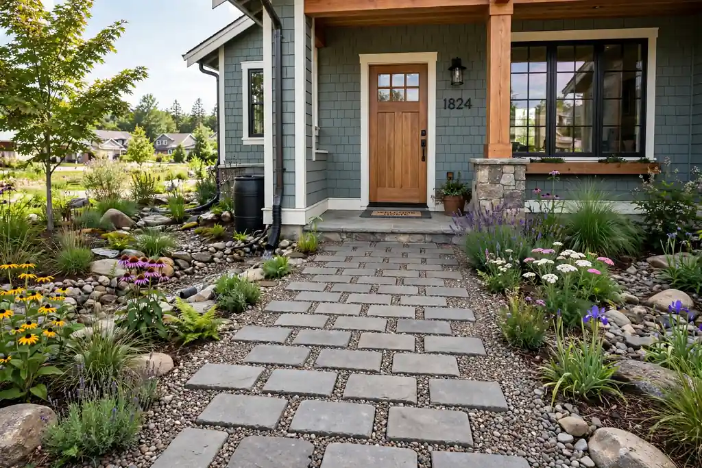 Permeable paver front walkway with small gaps filled with gravel between pavers, leading to a house front door.