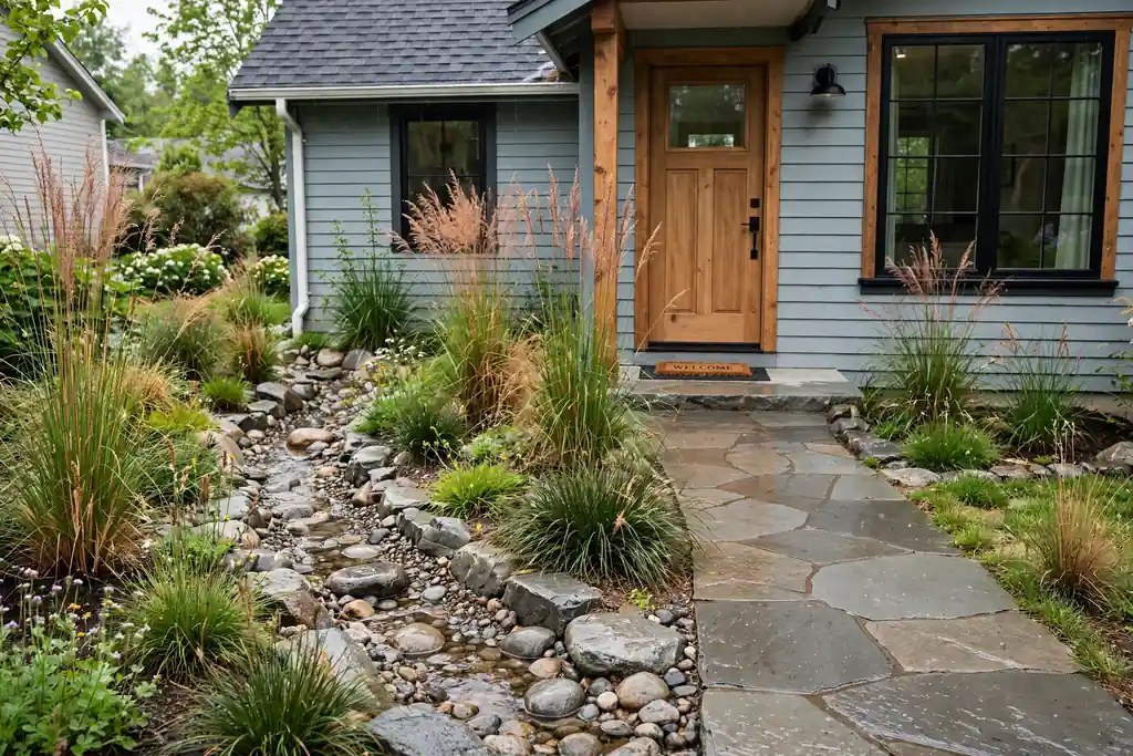 Front walkway beside a small rain garden with native grasses and stones, leading to a house front door.