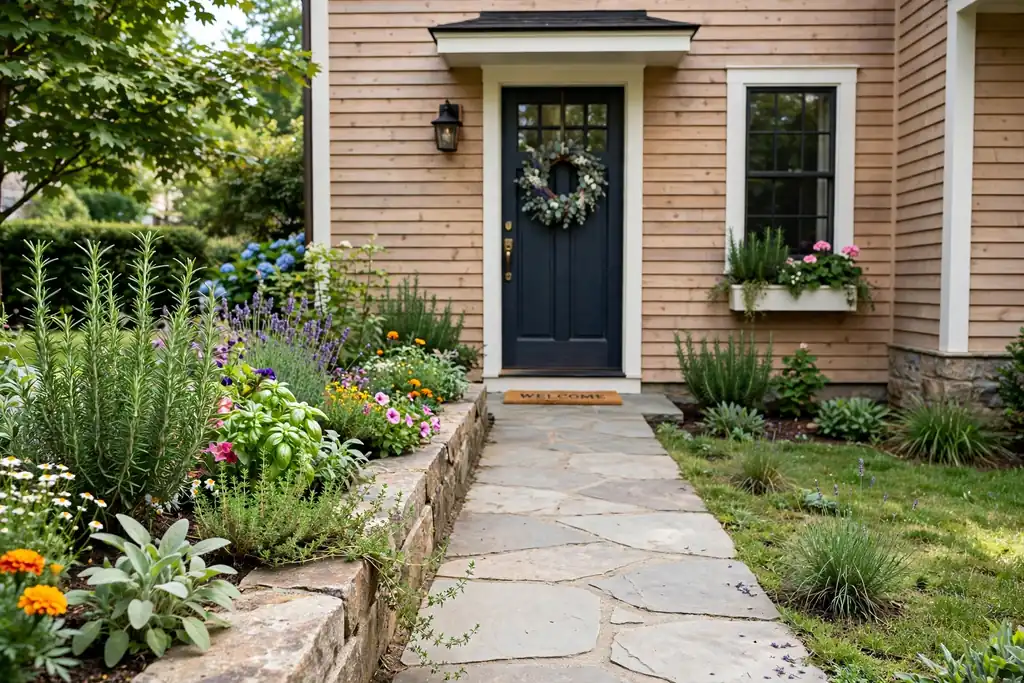 Front walkway bordered by a low raised garden bed with flowers and herbs on one side, leading to a house front door.