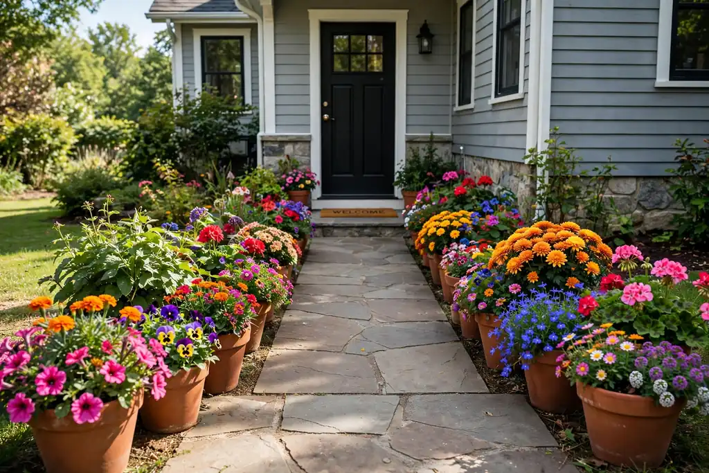 Short front walkway lined with seasonal flower planters in terracotta pots with colorful blooms, leading to a house front door.