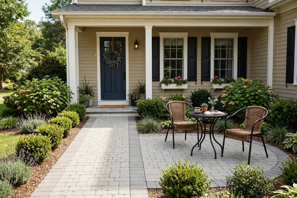 Front walkway widening into a small paved seating pad with two chairs and a small table near a house front porch.
