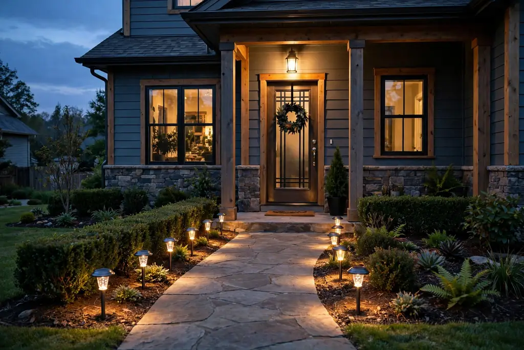 Front walkway at dusk lined with small solar path lights glowing warmly on both sides, leading to a house front door.