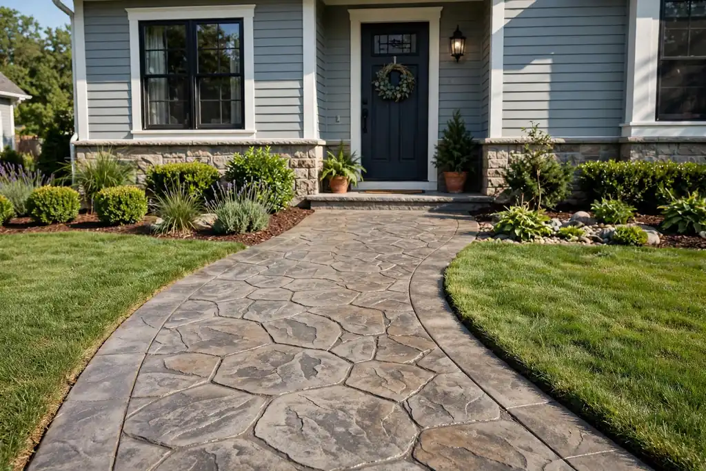 Stamped concrete front walkway with a stone pattern texture leading to a house front door.