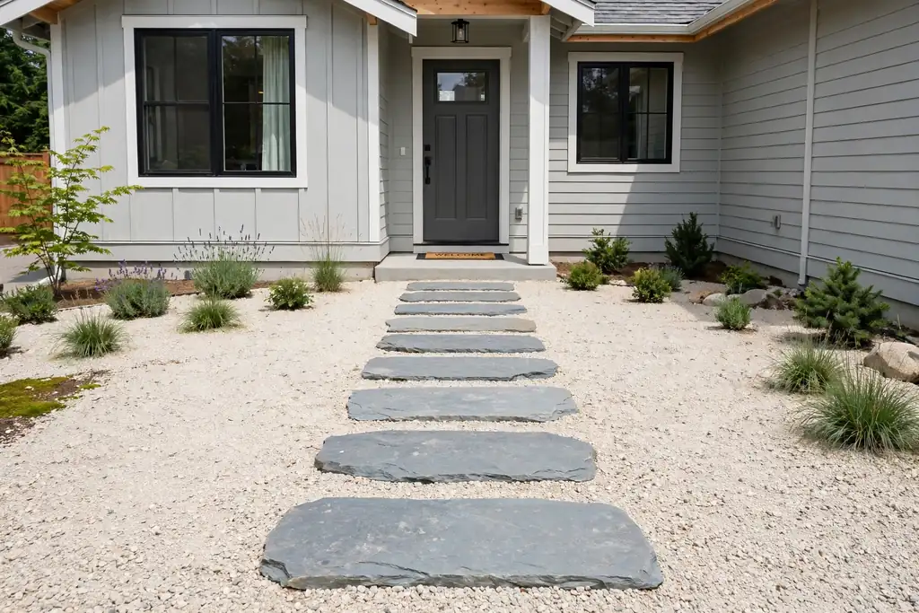 Stepping stone front walkway set in pale gravel, with large flat stones leading to a house front door.