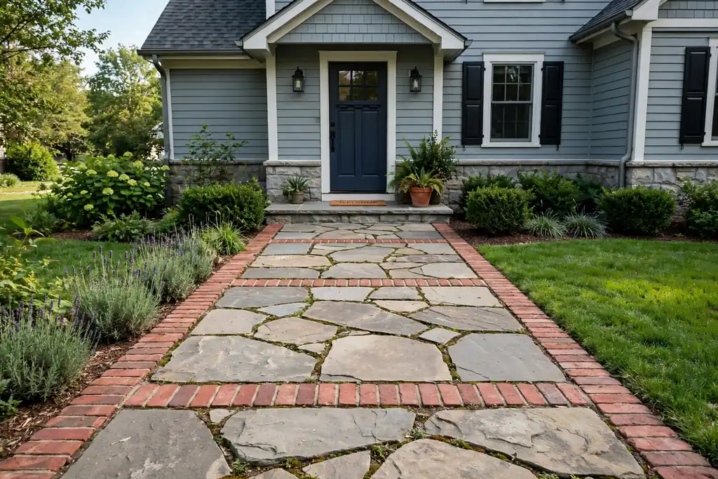 Front walkway mixing large flat stones with brick edging and brick bands across the path, leading to a house front door.