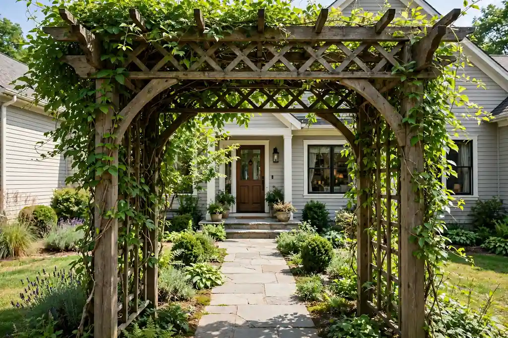 Front walkway passing under a wooden trellis arch with climbing green vines at the start of the path.