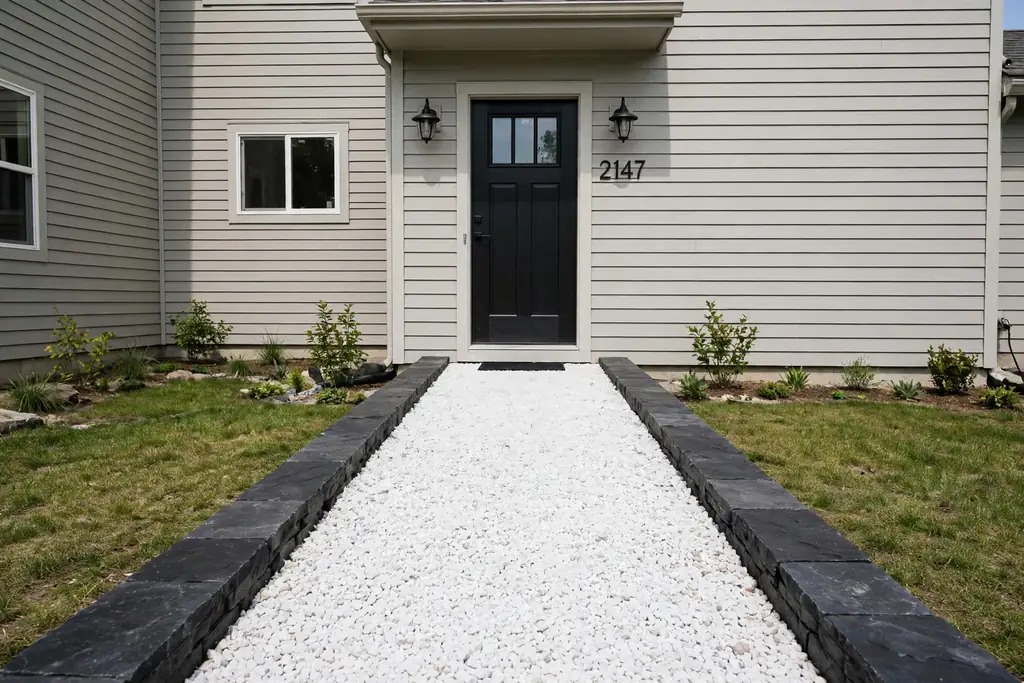 White gravel front walkway with dark stone edging in a straight line to a house front door.
