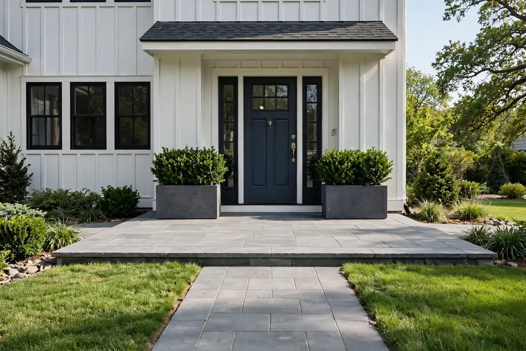 Wide paved landing pad at a house front door with matching planters holding green shrubs on both sides.