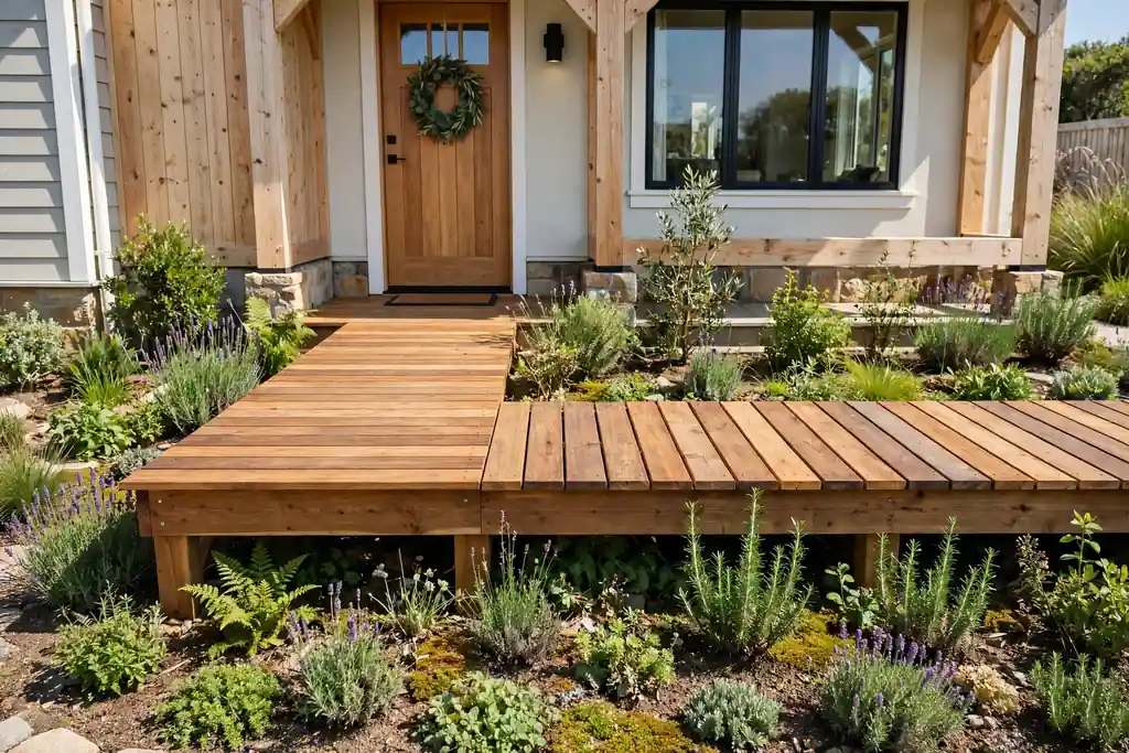 Wood plank boardwalk style front walkway over a small front garden bed to a house front door.