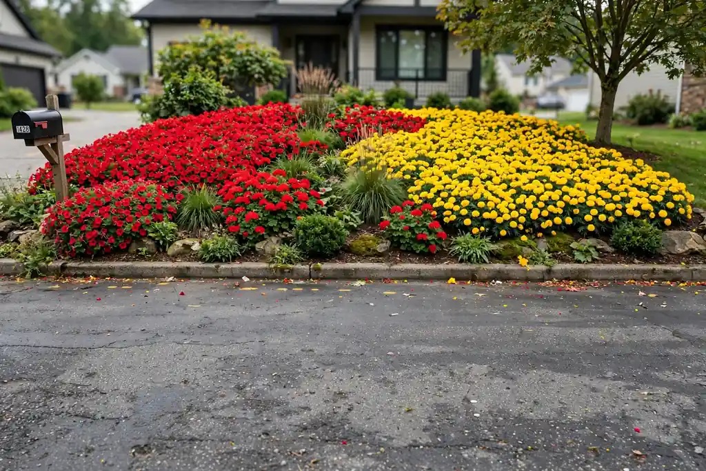 Front flower bed planted in bold blocks of red and yellow flowers.