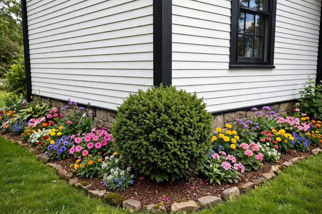 Flower bed wrapping around the corner of a house with a shrub at the corner and lower flowers along both sides.