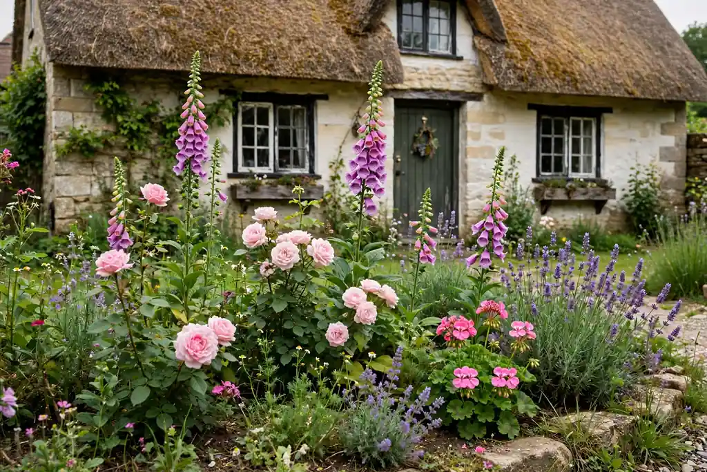 Loose cottage flower bed with roses, foxgloves, lavender, and geraniums in front of a house.