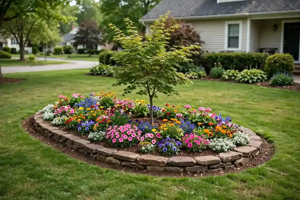 Curved island flower bed in the middle of a front lawn with a small tree in the center.